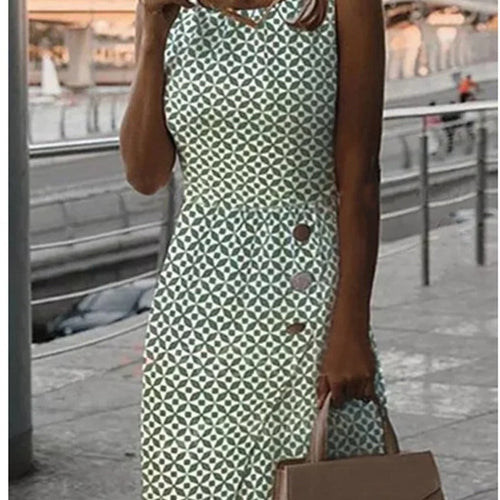 Drune | Ärmelloses bedrucktes grünes Knopf-Casual-Kleid