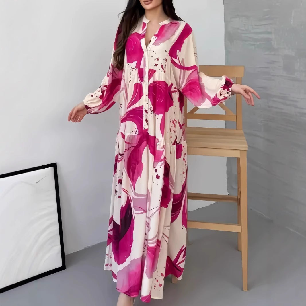 Damen Fließendes Stufenkleid mit Stehkragen, Ballonärmeln und Knopfleiste Drune