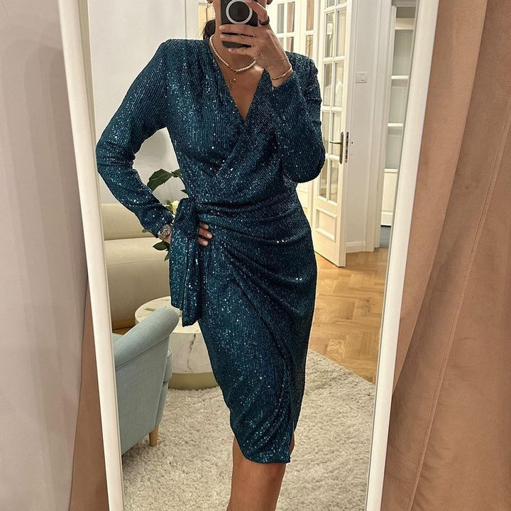 Damen Glamouröses Pailletten-Kleid mit Wickeloptik und langen Ärmeln Drune