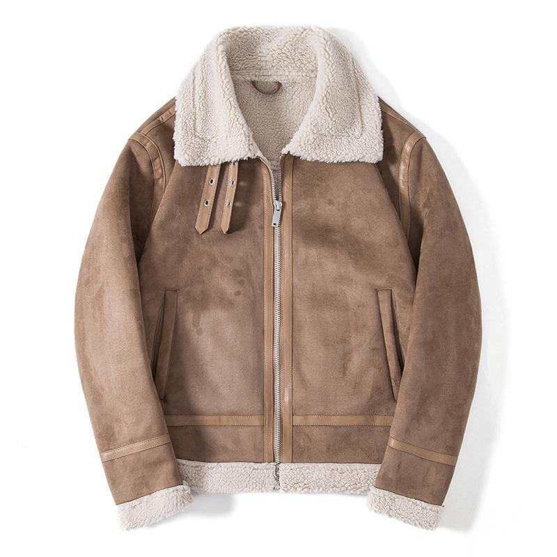 Herren Lammfelloptik Pilotenjacke mit Teddyfutter und Lederbesatz Drune