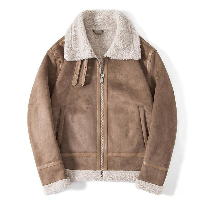 Herren Lammfelloptik Pilotenjacke mit Teddyfutter und Lederbesatz Drune