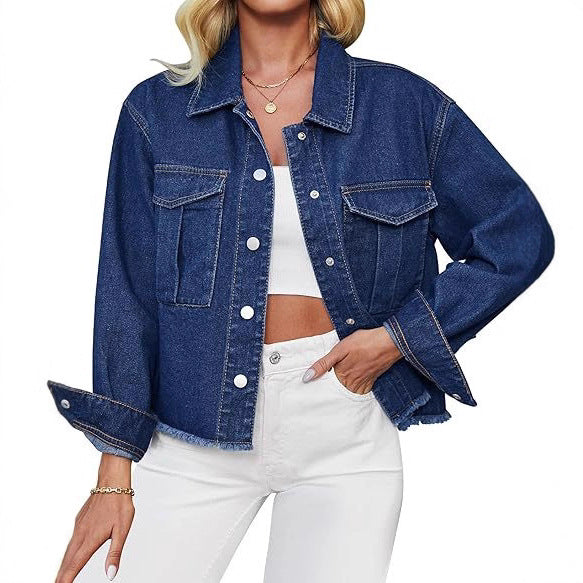 Damen Kurz geschnittene Oversize-Jeansjacke mit rohem Saum und aufgesetzten Brusttaschen Drune