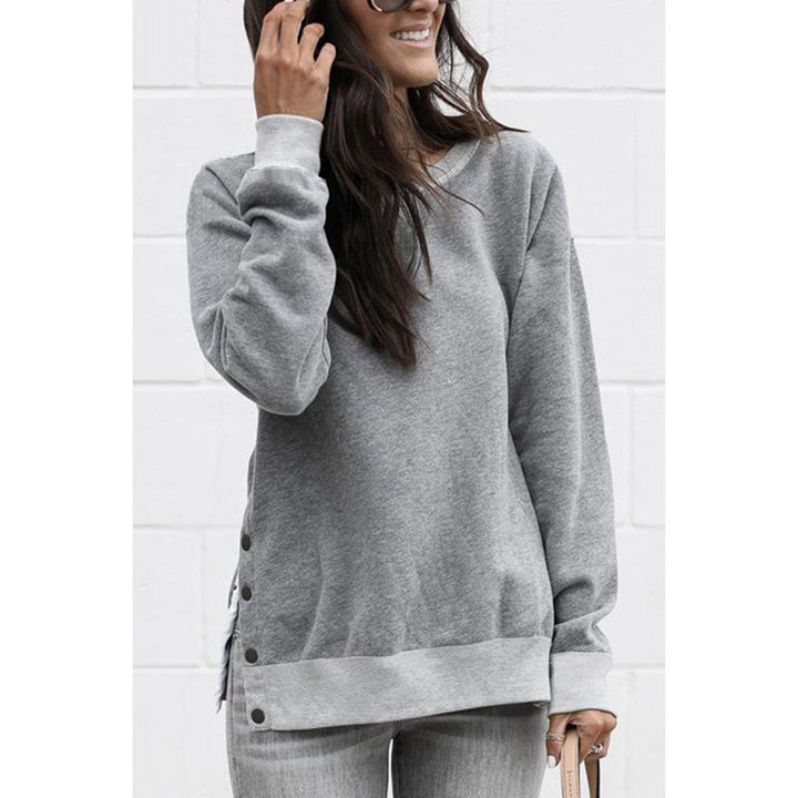 Damen lässiges Sweatshirt mit seitlichen Druckknopfdetails und modischem V-Ausschnitt Drune
