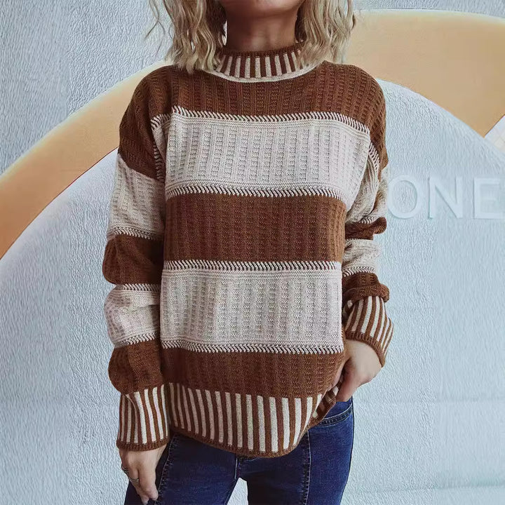 Damen modischer Strickpullover mit einzigartigem Streifenmuster und hohen Bündchen Drune