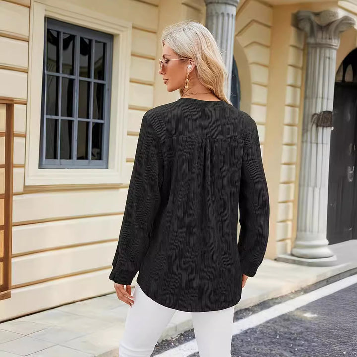 Damen Langarm Bluse mit klarer Struktur und Knopfdetails Drune