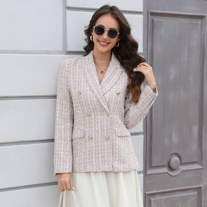 Damen Doppelreihiger Bouclé-Blazer mit Schalkragen, taillierter Silhouette und Zierknöpfen Drune