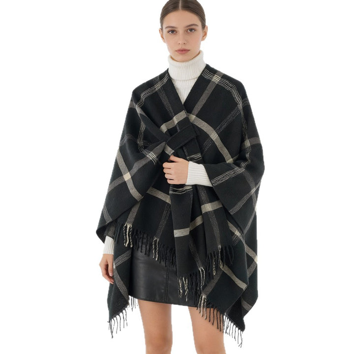 Damen Cape‑Poncho mit integriertem Bindegürtel, kastiger Oversize‑Silhouette und Fransensaum Drune