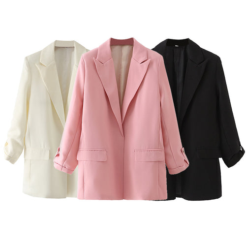 Damen nan lang geschnittener Oversize-Blazer mit weitem Revers aufgesetzten Pattentaschen und krempelbaren Ärmeln Drune