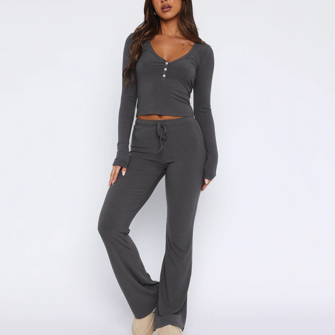 Damen gemütliches Lounge-Set mit langem Oberteil und flared Hose Drune