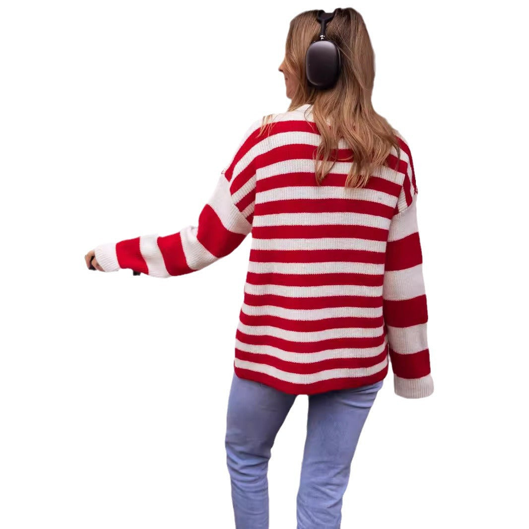 Damen modischer Grobstrickpullover mit auffälligem Streifenmuster Drune