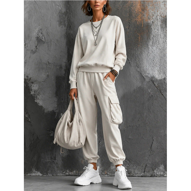 Damen Lounge-Set mit Rundhals-Sweatshirt und Cargo-Jogger aus French-Terry Drune