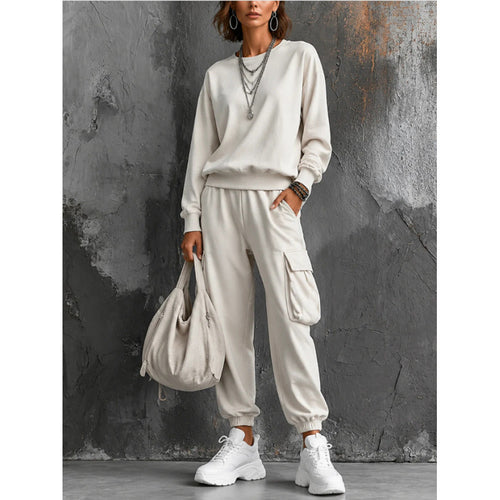 Damen Lounge-Set mit Rundhals-Sweatshirt und Cargo-Jogger aus French-Terry Drune