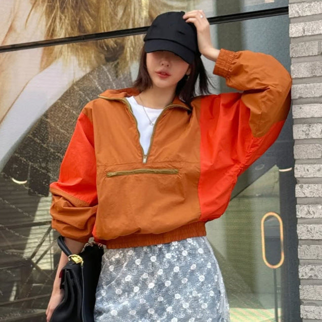 Damen Kurz geschnittene zweifarbige Halbzip-Utility-Jacke mit elastischem Saum und Reißverschlusstasche Drune