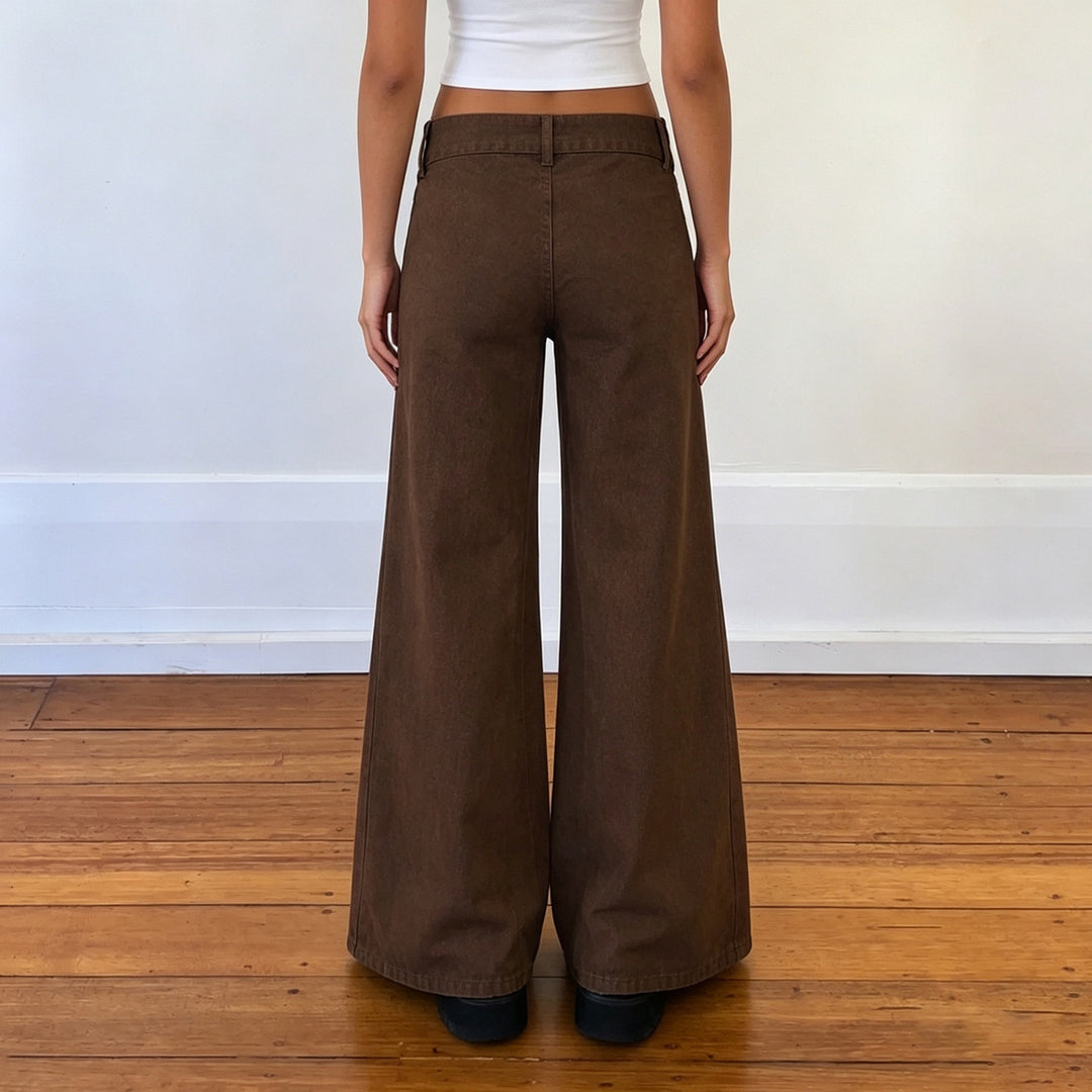 Damen High‑Waist Schlaghose aus beschichtetem Denim mit weitem Bein und Statement‑Gürtel Drune
