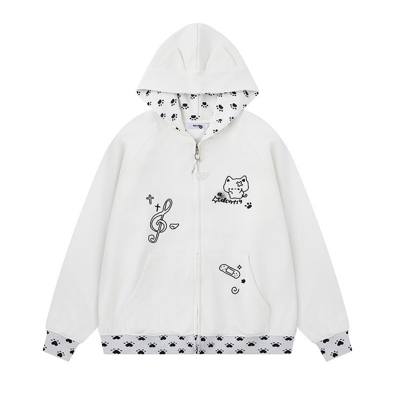 Damen Kapuzenjacke mit Reißverschluss im Casual‑Kawaii‑Stil, Kontrastkapuze, Comic‑Prints und Rippbündchen Drune