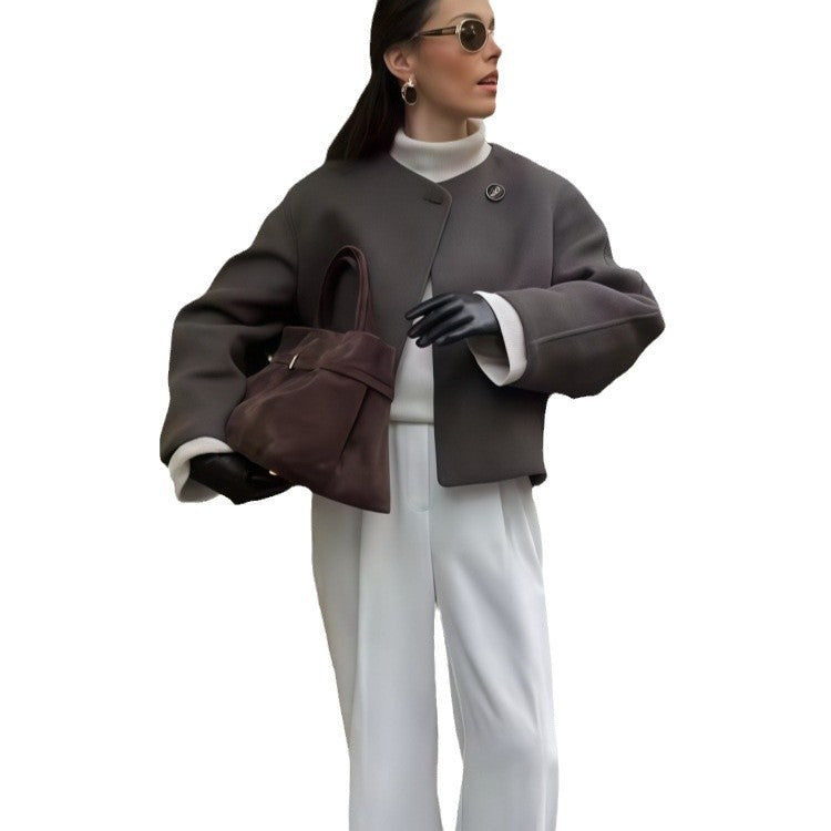 Damen Wickeljacke mit weiten Ärmeln und dekorativem Knopf Drune