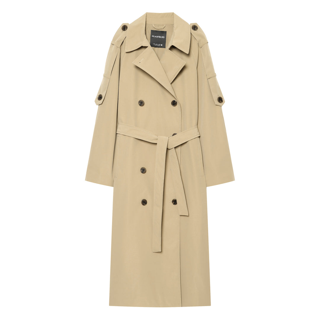 Damen Lange klassische Zweireiher‑Trench mit Bindegürtel und Ärmelriegel Drune