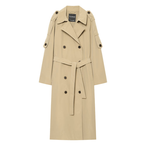 Damen Lange klassische Zweireiher‑Trench mit Bindegürtel und Ärmelriegel Drune