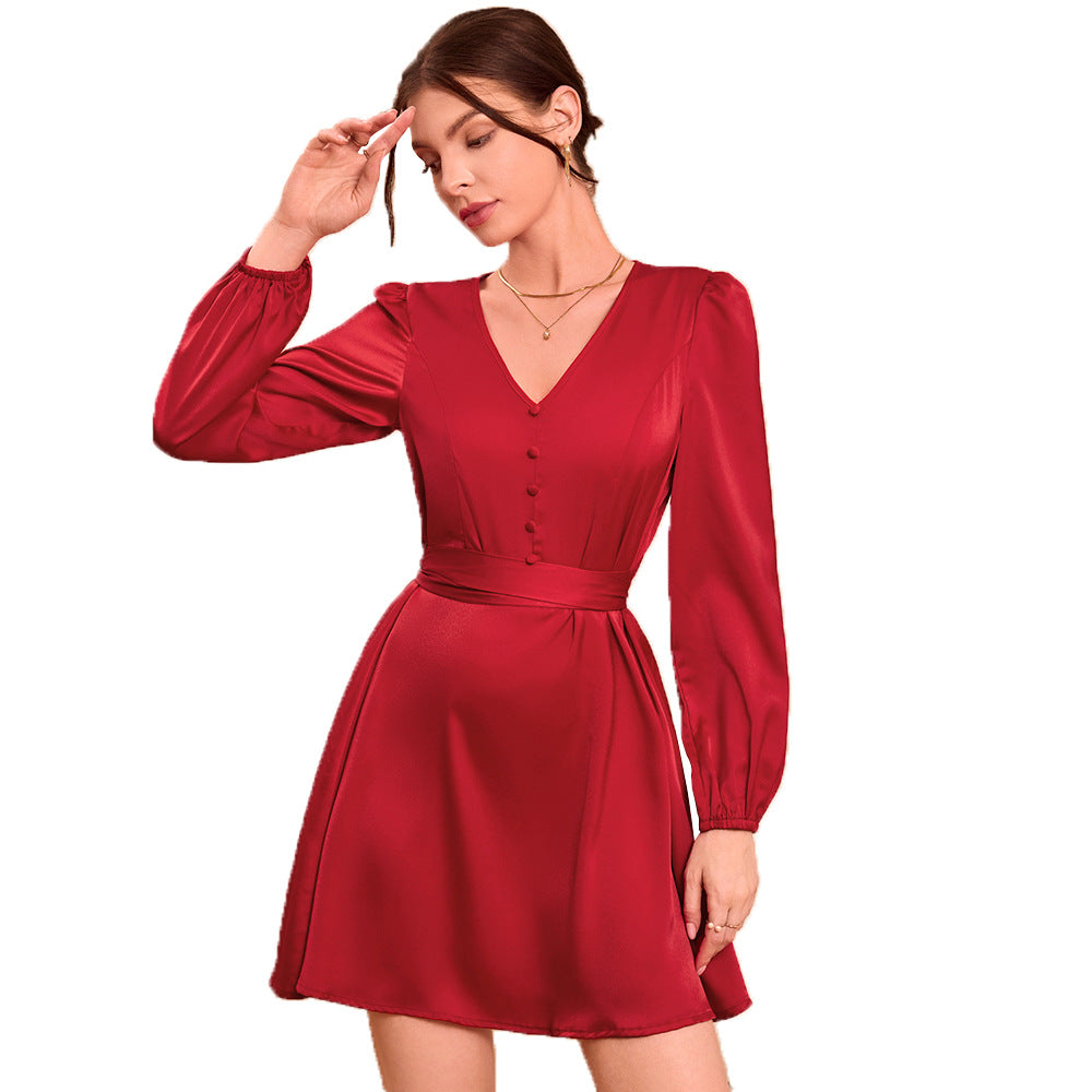 Damen elegantes Midikleid mit V-Ausschnitt und Puffärmeln Drune