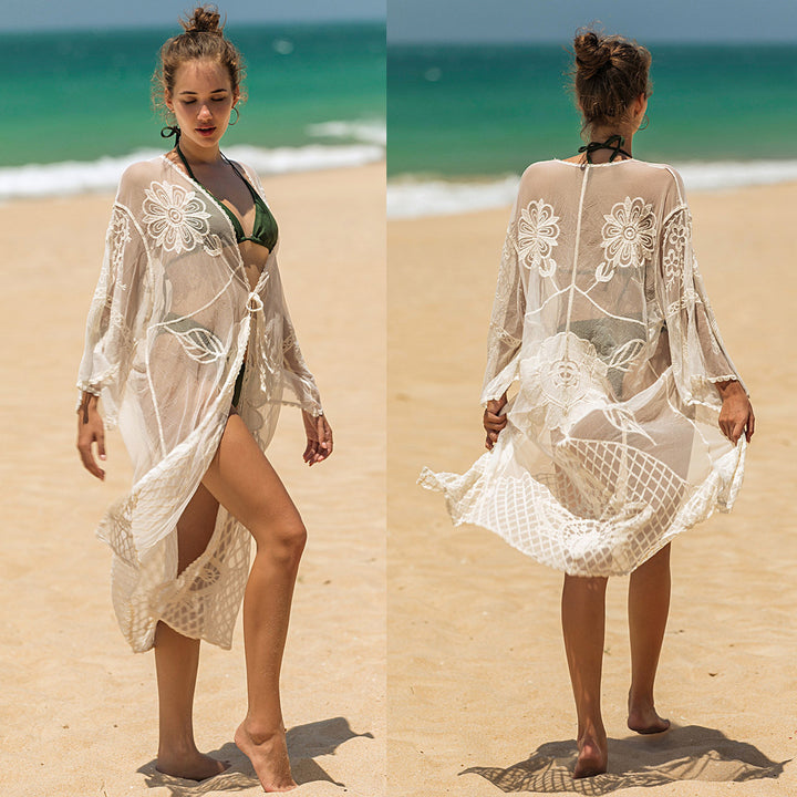 Damen elegante Häkel-Strandtunika mit floralen Details Drune