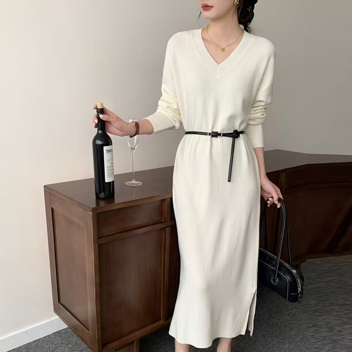 Damen Langes Feinstrick-Midikleid mit V‑Ausschnitt, Seitenschlitz und entspannter Silhouette Drune