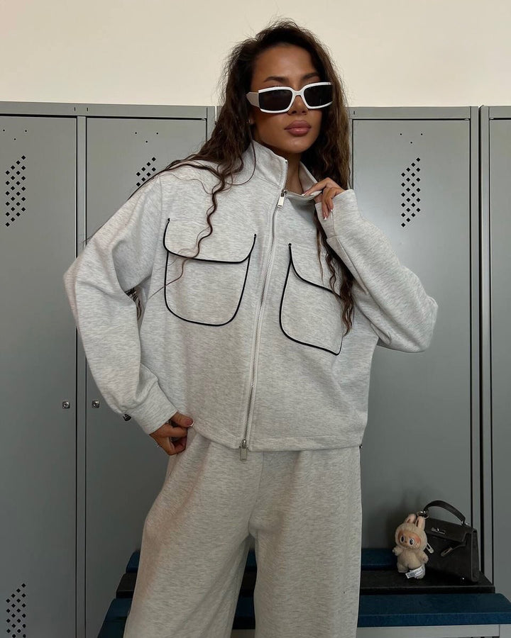 Damen lässiges Sportanzug-Set mit modischer Jacke und weit geschnittenen Hosen Drune