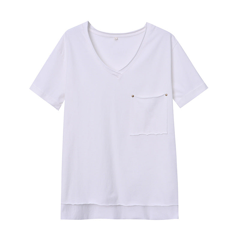Damen lockeres V-Ausschnitt T-Shirt mit Brusttasche und modischem Design Drune