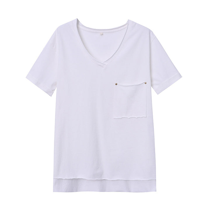 Damen lockeres V-Ausschnitt T-Shirt mit Brusttasche und modischem Design Drune