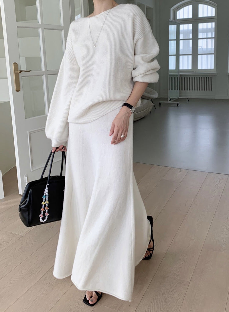 Damen Strick-Set aus Oversize-Ripp-Pullover und fließendem Maxirock Drune