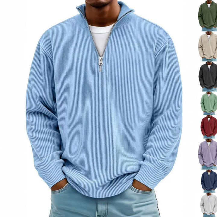 Herren Gerippter Halbzip-Strickpullover mit Stehkragen und lockerer Passform Drune