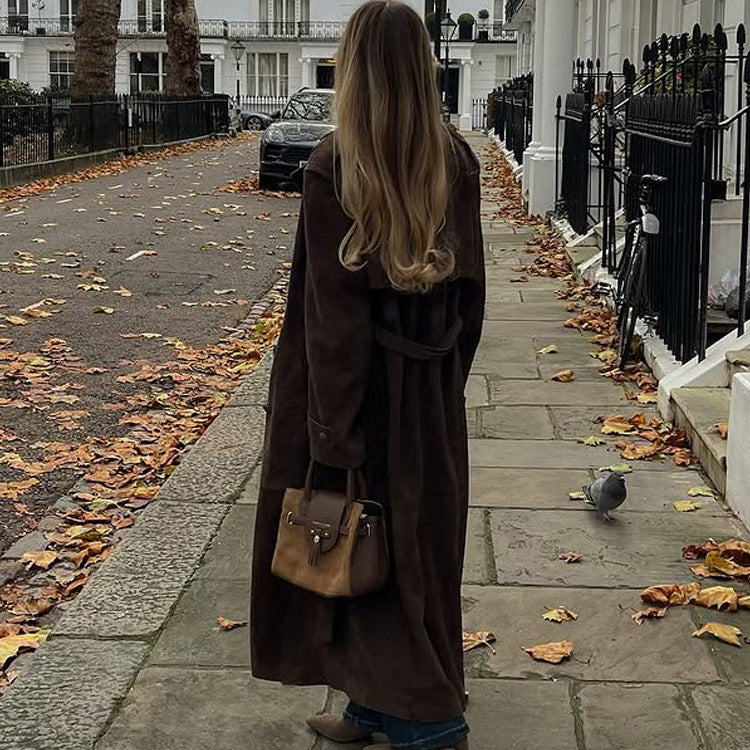 Damen Langschnitt Wildleder-Trenchcoat mit Oversize-Kragen und Bindegürtel Drune