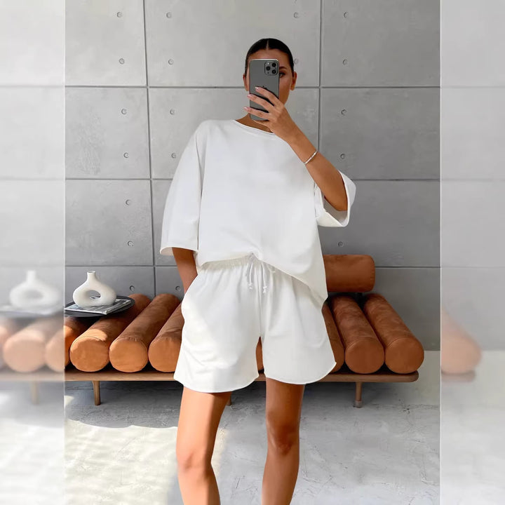 Damen lässiges Freizeitanzug-Set aus weichem Baumwollmix mit oversized T-Shirt und Shorts