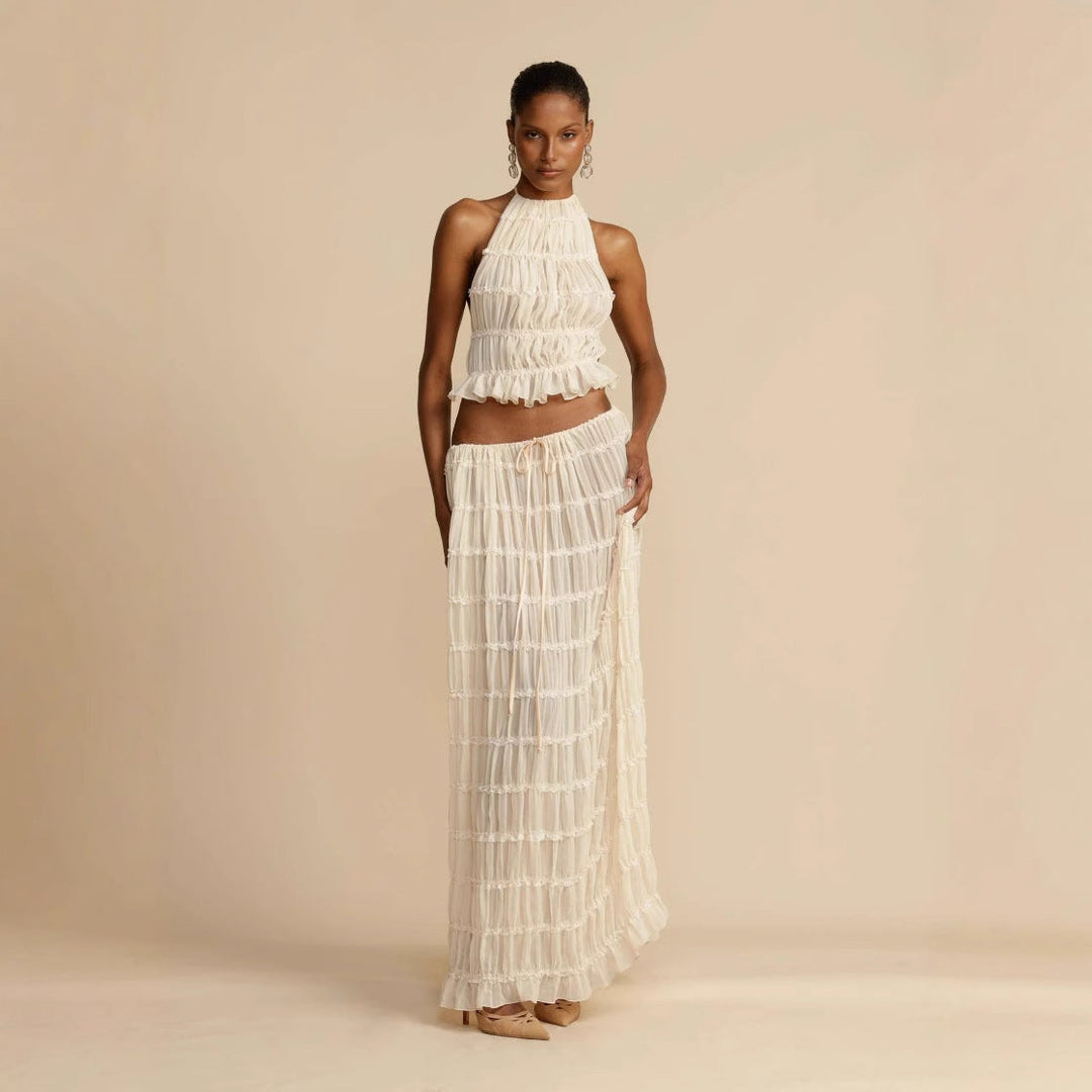 Damen Elegantes und verspieltes Zweiteiliges Sommerkleid mit gerafftem Oberteil und fließendem Rock Drune