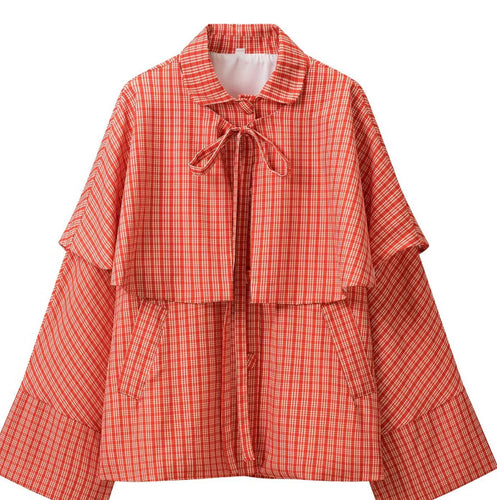 Damen Karierte Kurzjacke mit Cape‑Overlay, Schleifenbindung und extraweiten Ärmeln Drune