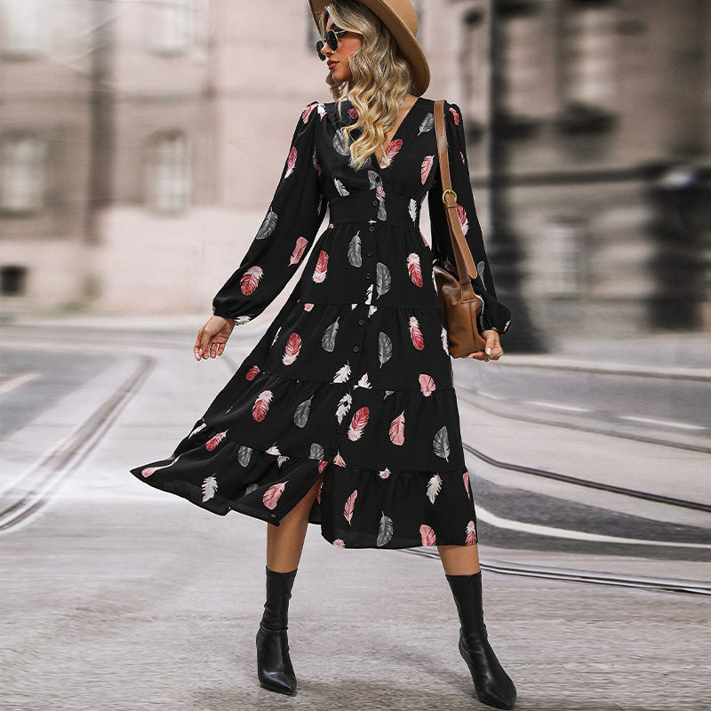 Damen Langarm Kleid mit Federprint Drune