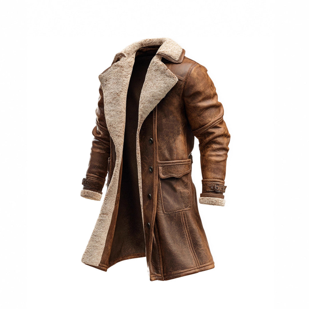Herren nan langer vintage Biker-Ledermantel mit durchgehendem Sherpa-Futter, Pattentaschen und verstellbaren Schnallenmanschetten Drune