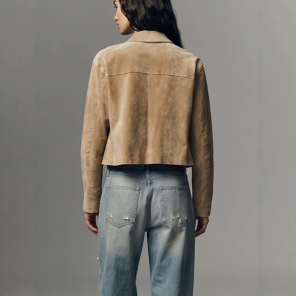 Damen Kurze Velourslederjacke im Clean-Cut mit aufgesetzten Taschen Drune