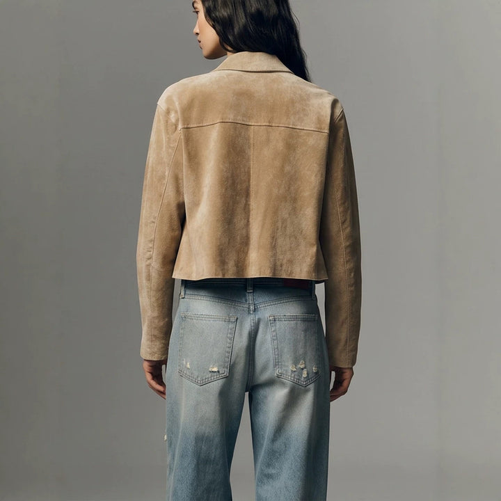 Damen Kurze Velourslederjacke im Clean-Cut mit aufgesetzten Taschen Drune