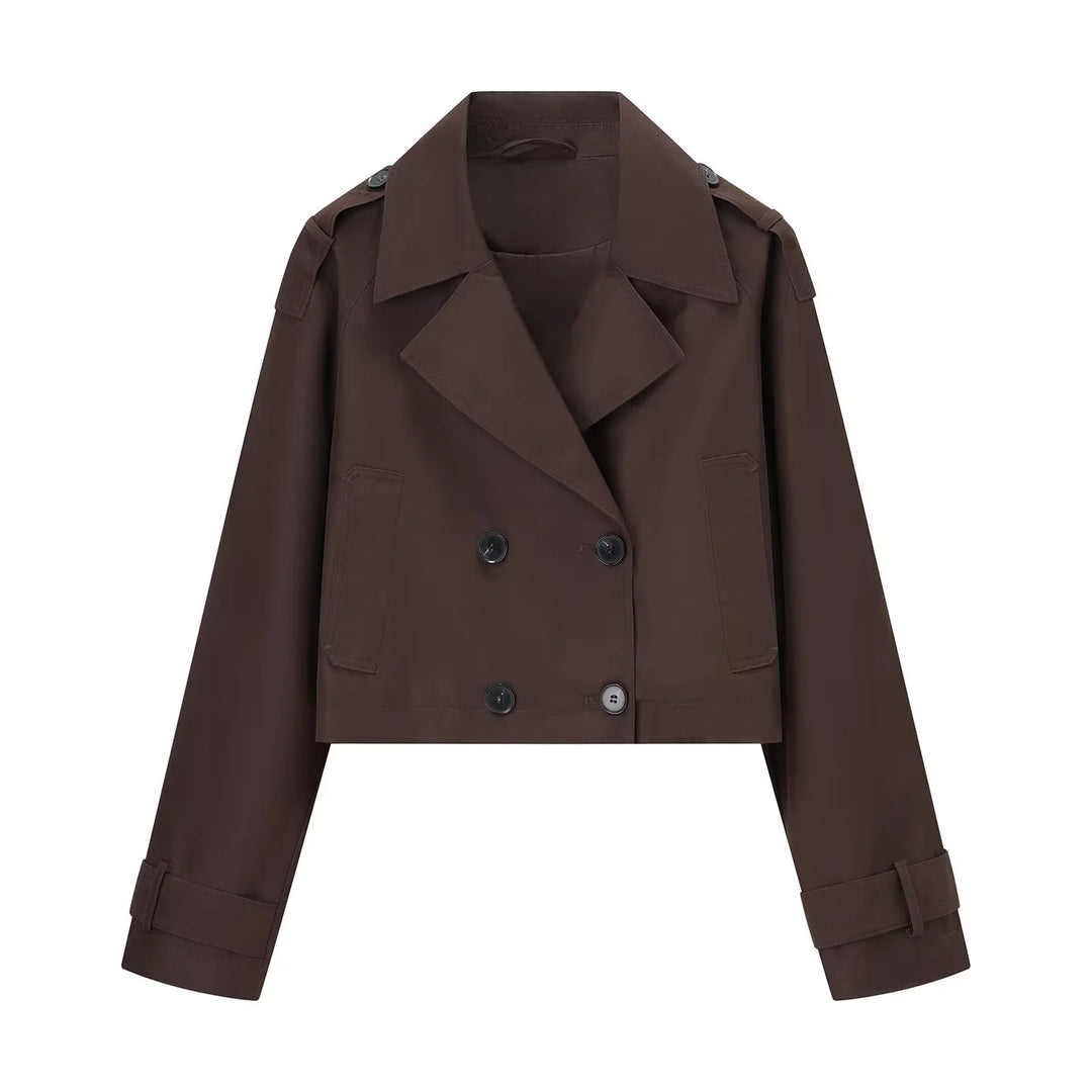 Damen nan kurzgeschnittener Cropped‑Trenchcoat mit doppelreihiger Knopfleiste und Schulterklappen Drune