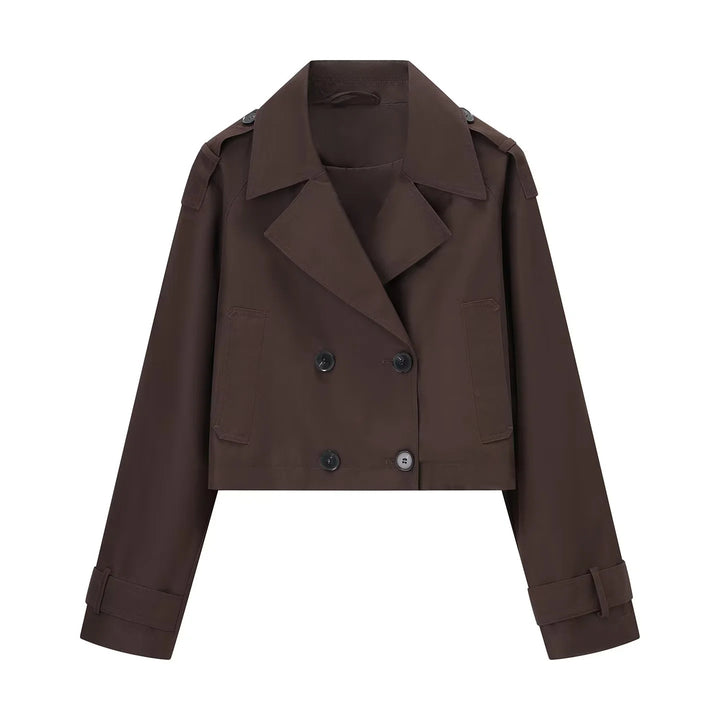 Damen nan kurzgeschnittener Cropped‑Trenchcoat mit doppelreihiger Knopfleiste und Schulterklappen Drune
