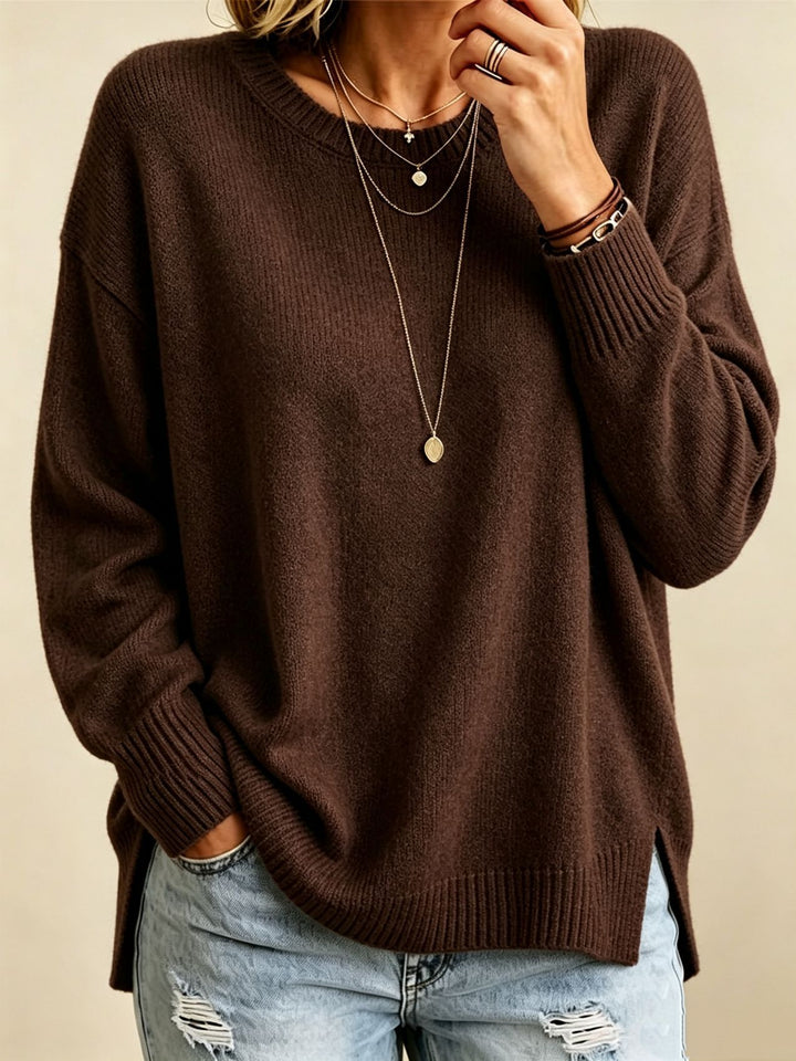 Damen Locker geschnittener Rundhals-Feinstrickpullover mit Seitenschlitzen und gerippten Bündchen Drune