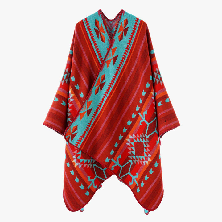 Damen Weicher Jacquard‑Strickponcho mit geometrischem Muster und Ziernaht Drune