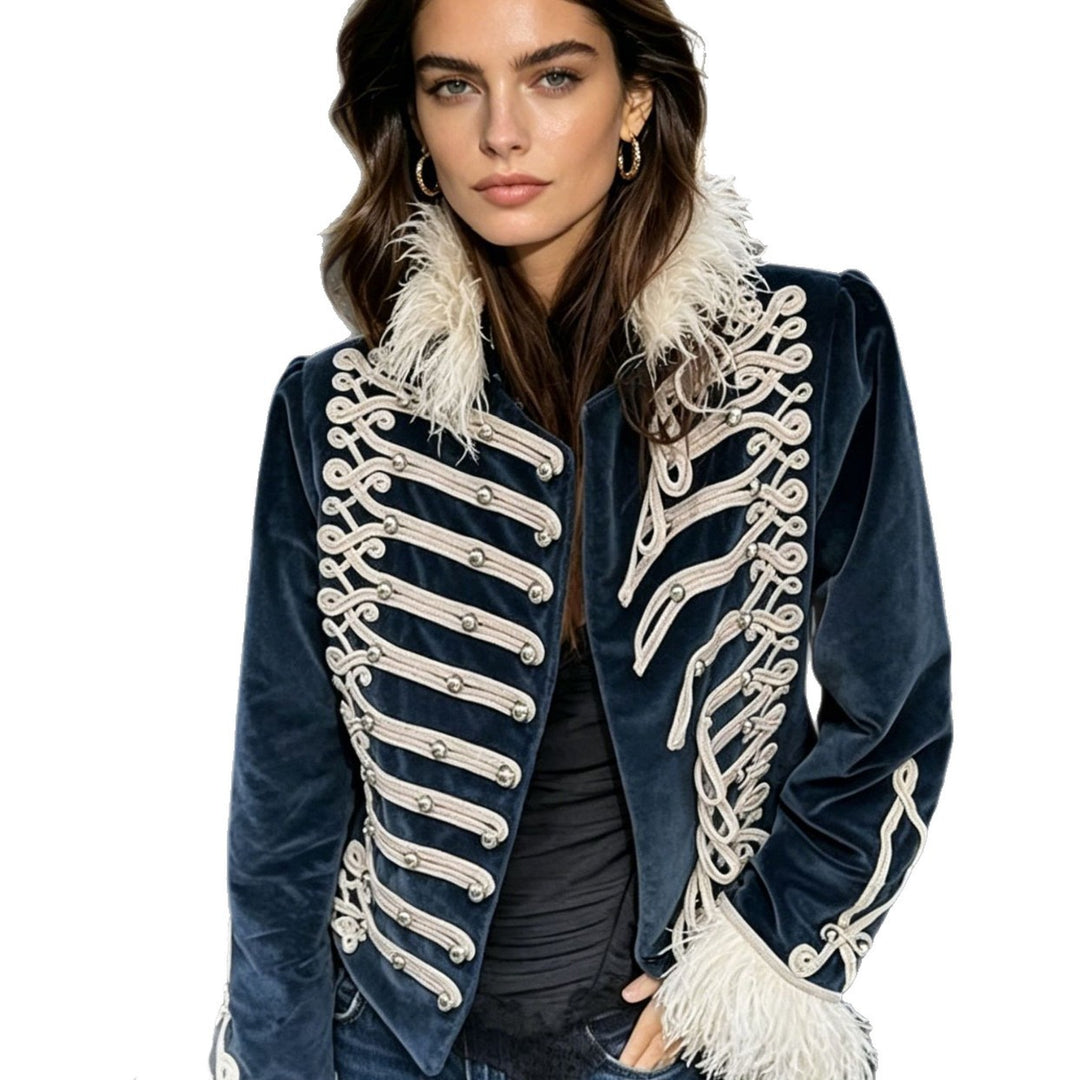Damen Samt‑Militärjacke mit Zierriegeln und Federbesatz Drune