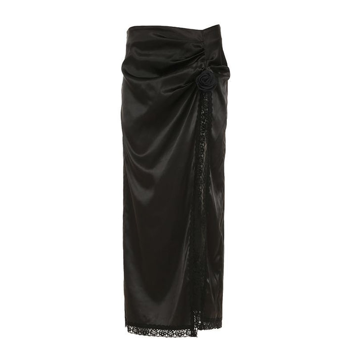 Damen eleganter Satin-Abendrock mit raffinierten Rüschen und Spitzenakzenten Drune