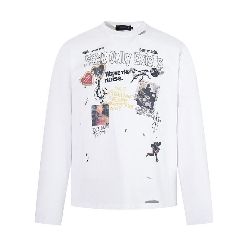 Herren Langarmshirt mit Print-Collage, Distressed‑Details und Relaxed‑Fit Drune