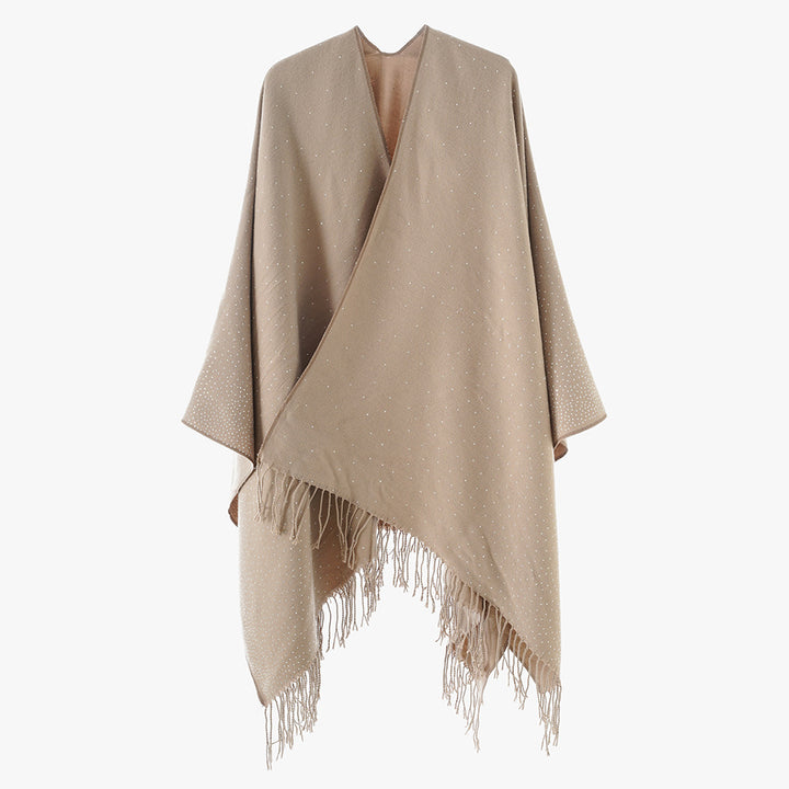 Damen Fransen‑Capeponcho im Oversize‑Fall mit dezentem Pünktchen‑Glanz Drune