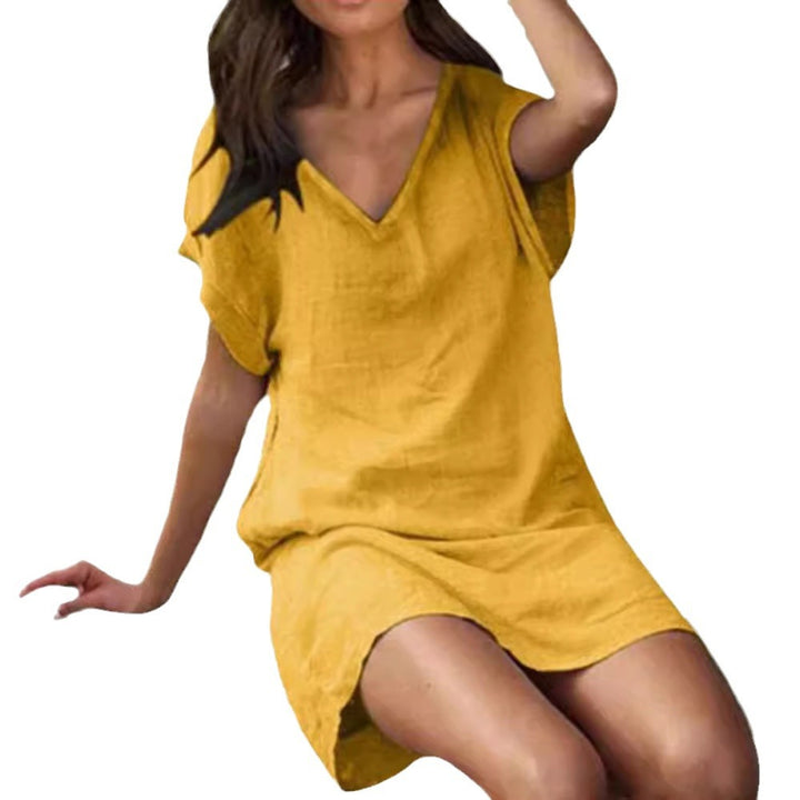 Damen nan luftiges Minikleid in Leinenoptik mit V-Ausschnitt und überschnittenen Schultern Drune