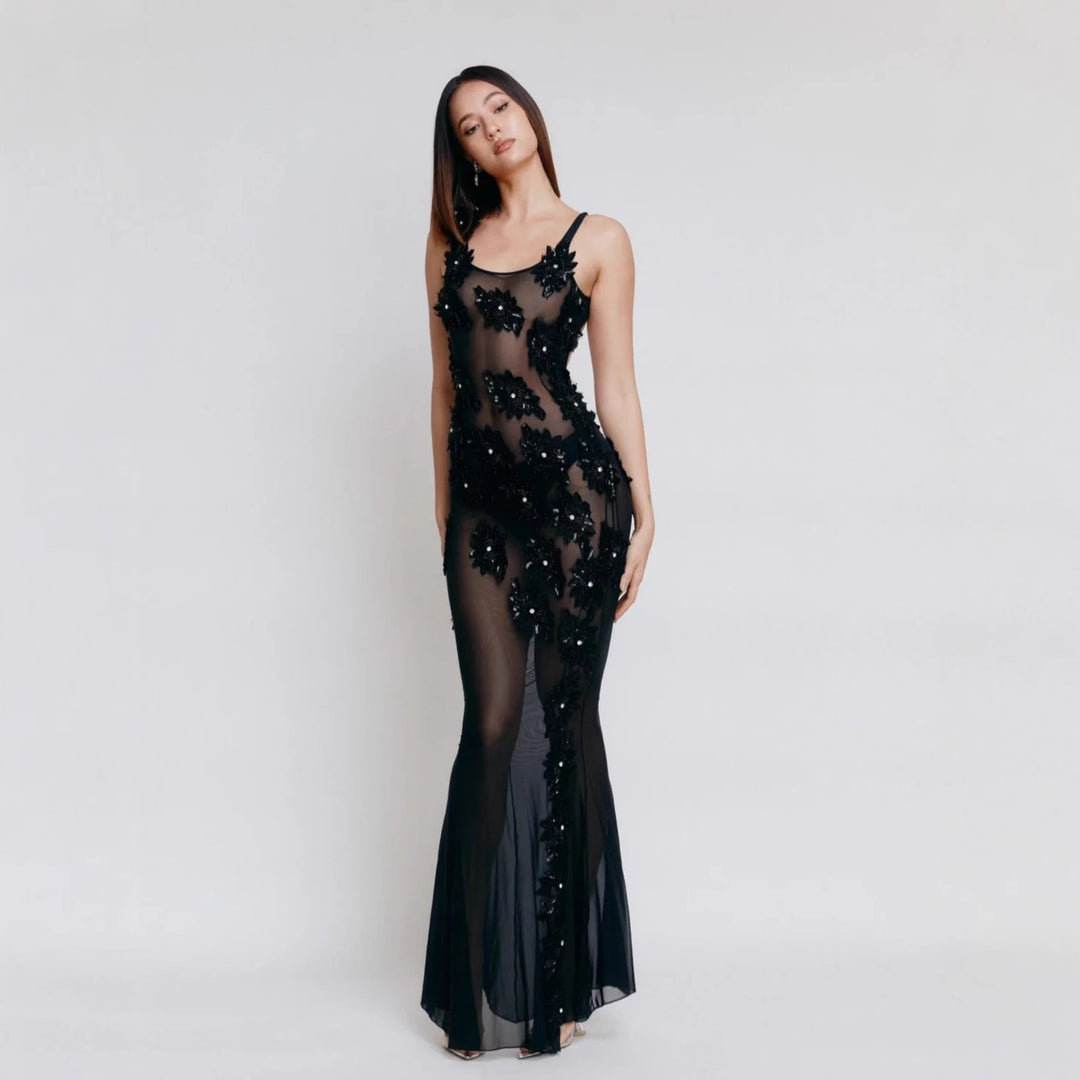 Damen Elegantes Semi-Transparente Abendkleid mit floralen Pailletten und figurbetontem Schnitt Drune