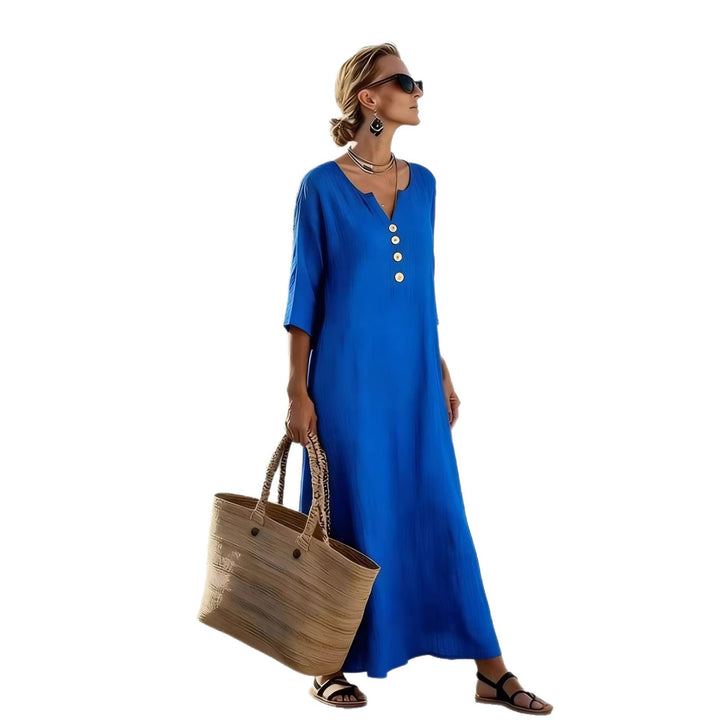 Frauen Relaxed V-Ausschnitt Knopf-Front Maxi Kaftan Kleid Drune