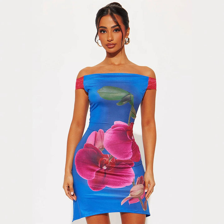 Damen Minikleid mit floralem Design und Off-Shoulder-Ausschnitt Drune